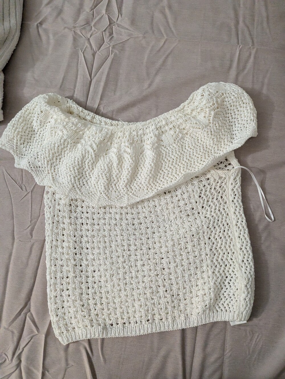 Topshop Off-Shoulder Cream Crochet Knit Sweater